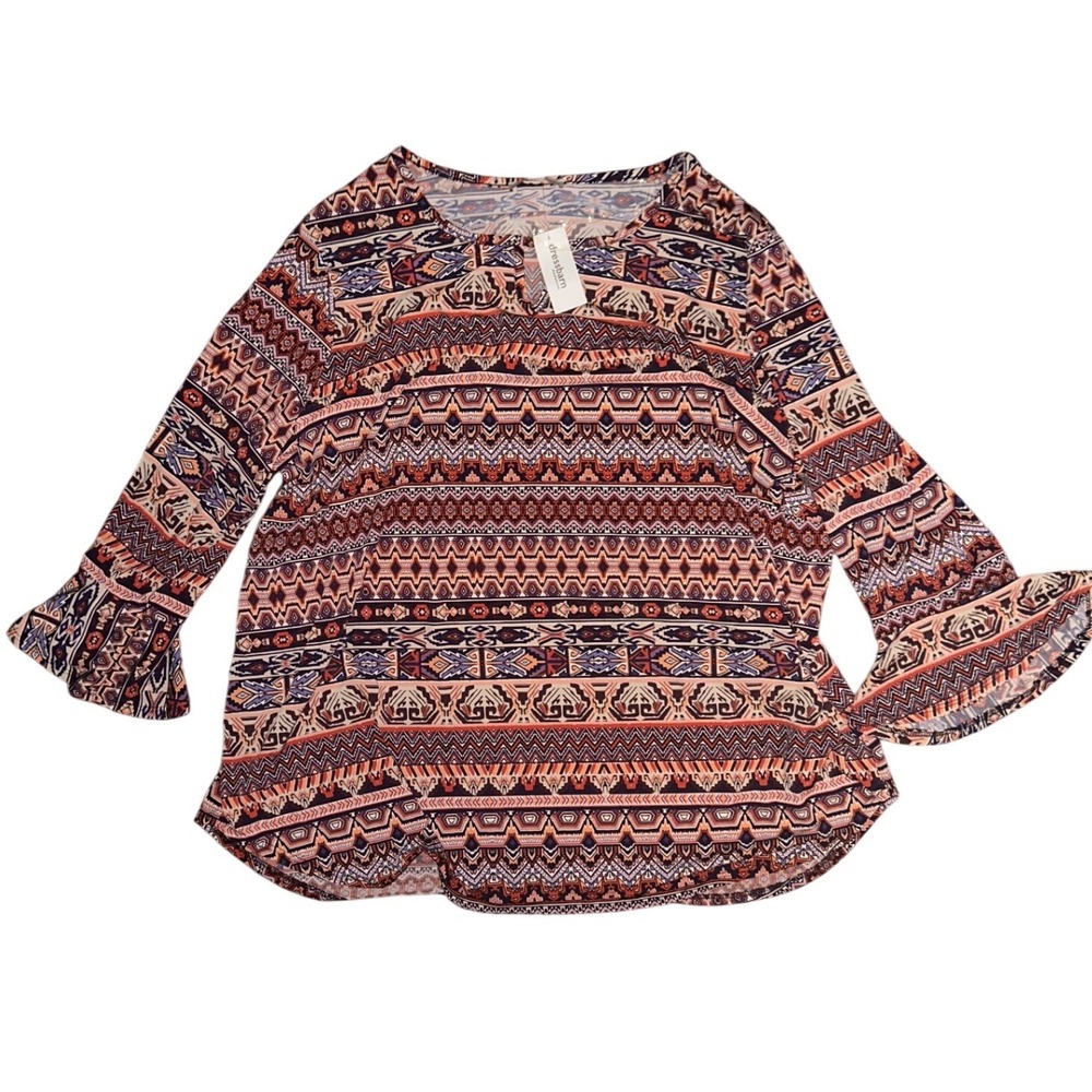 Dressbarn Women 3X Geometric Southwestern Print Bell Sleeve Blouse NWT